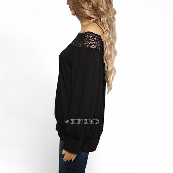 She & Sho Black Off Shoulder Lace Trim Long Sleeve Knit Blouse Size M - Picture 4 of 9